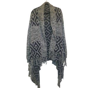 Maison Coupé Wool Gray Black Abstract Geometric Pattern Sweater Shawl Fringe XL